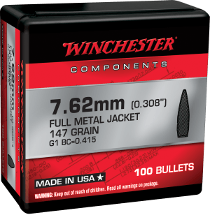 Winchester Ammo WB762M147X Centerfire Rifle 7.62mm .308 147 gr Full Metal Jacket Boat Tail 100rd Box