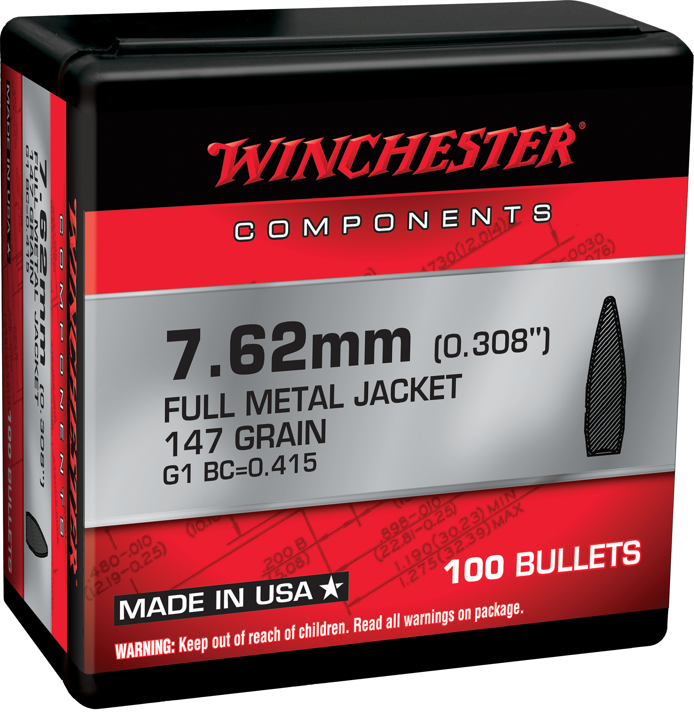 Winchester Ammo WB762M147X Centerfire Rifle 7.62mm .308 147 gr Full Metal Jacket Boat Tail 100rd Box