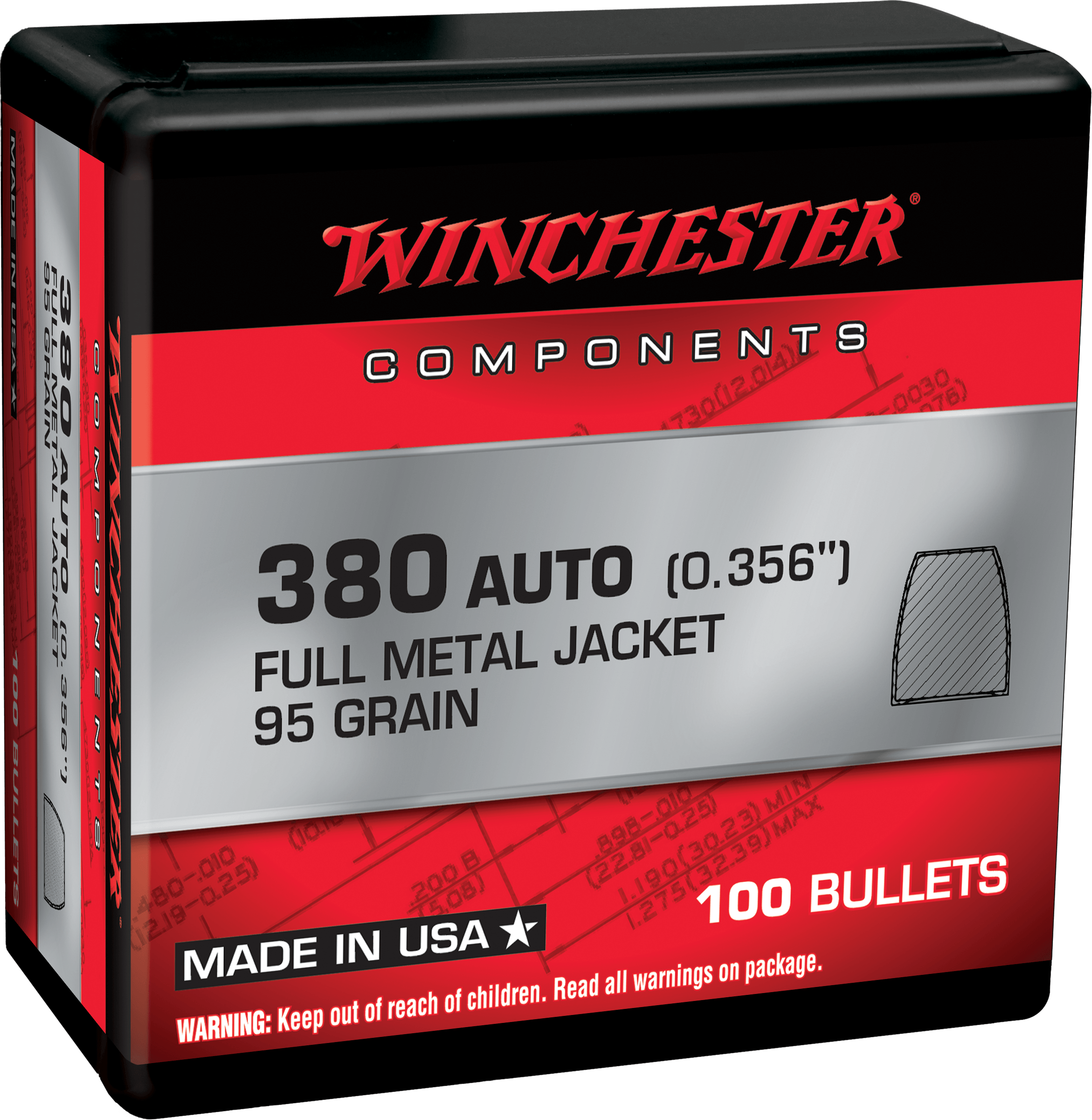 Winchester Ammo WB380MC95X Centerfire Handgun Reloading 380 ACP .356 95 gr Full Metal Jacket 100rd Box