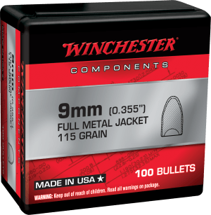 Winchester Ammo WB9MC115X Centerfire Handgun Reloading 9mm .355 115 gr Full Metal Jacket Flat Base 100rd Box