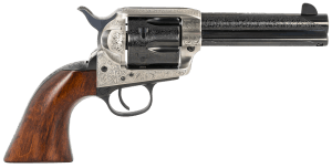 Taylors & Company 550925 1873 Cattleman 45 Colt (LC) Caliber with 4.75" Blued Floral Engraved Finish Barrel 6rd Capacity Blued Finish Cylinder Coin Photo Engraved Finish Steel Frame & Walnut Grip