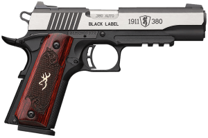 Browning 051970492 1911-380 Black Label Medallion Pro Compact 380 ACP 8+1 3.63" Target Crown Steel Barrel Blackened w/Silver Polished Flats Serrated SS Slide Matte Black Polymer Frame w/Picatinny Rail