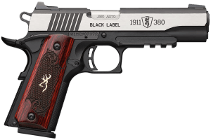 Browning 051971492 1911-380 Black Label Medallion Pro 380 ACP 8+1 4.25" Target Crown Barrel Blackened w/Silver Polished Flats Serrated SS Slide Matte Black Polymer Frame w/Beavertail & Picatinny Rail