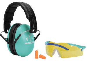 Walker's GWPYWFM2GFPLTL Folding Muff Combo 23 dB Over the Head Folding Muff Foam Ear Plugs Shooting Glasses Black/Teal Polymer Fits Youth/Women