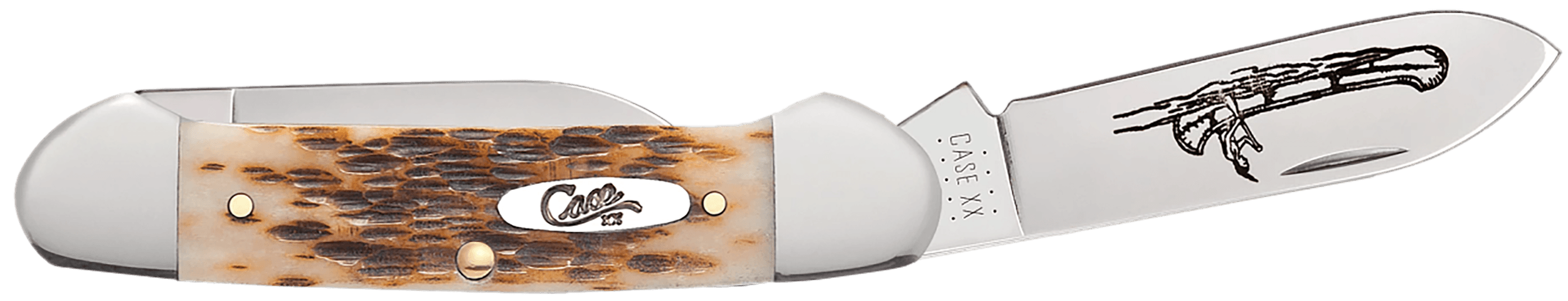Case 00263 Canoe 2.60"/1.97" Folding Spear/Pen Plain Mirror Polished Chrome Vanadium Steel Blade/Peach Seed Jigged Amber Bone Handle