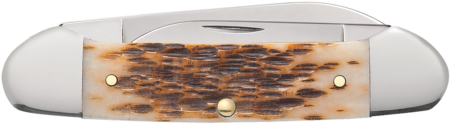 Case 00263 Canoe 2.60"/1.97" Folding Spear/Pen Plain Mirror Polished Chrome Vanadium Steel Blade/Peach Seed Jigged Amber Bone Handle - Image 2