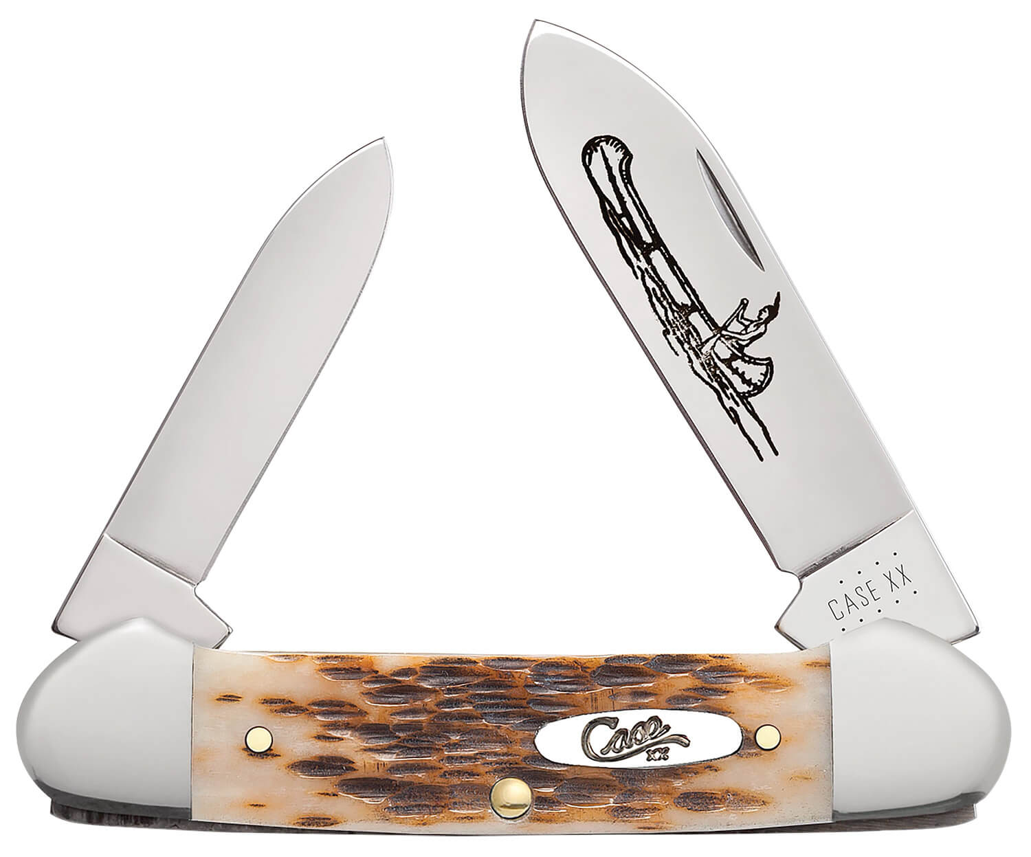 Case 00263 Canoe 2.60"/1.97" Folding Spear/Pen Plain Mirror Polished Chrome Vanadium Steel Blade/Peach Seed Jigged Amber Bone Handle - Image 3