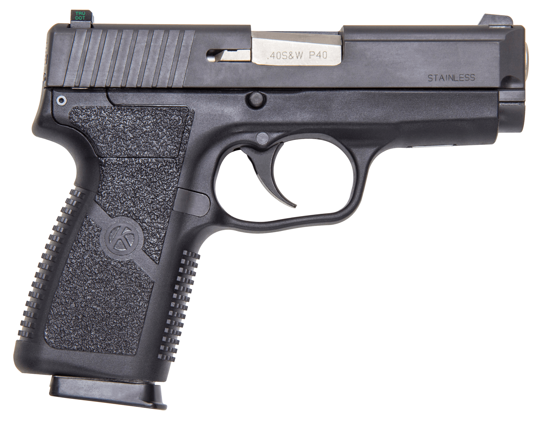 Kahr Arms KP4044NA P 40 S&W Caliber with 3.60" Barrel 6+1 or 7+1 Capacity Black Finish Frame Serrated Matte Black Stainless Steel Slide Textured Polymer Grip & TruGlo Night Sight