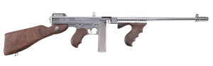 Thompson TI50DCR 1927A-1 Deluxe Carbine 45 ACP Caliber with 18" Barrel 20+1 Capacity (Stick) 50+1 Capacity (Drum) Hard-Chrome Plated Metal Finish American Walnut Stock Wood Grip Right Hand