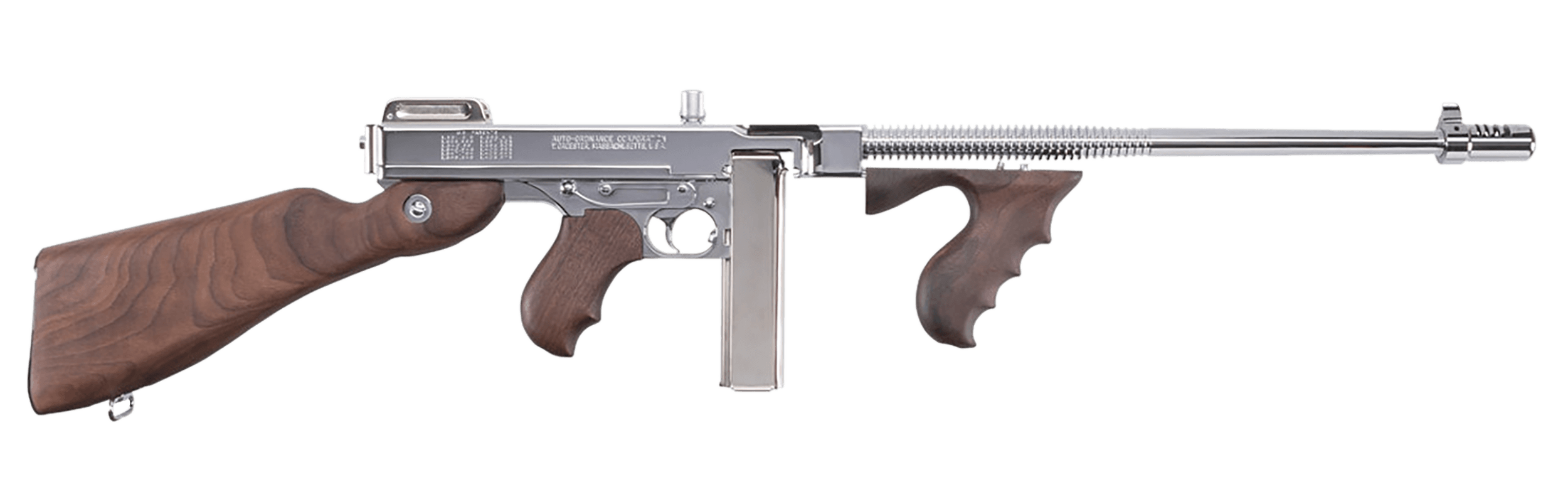 Thompson TI50DCR 1927A-1 Deluxe Carbine 45 ACP Caliber with 18" Barrel 20+1 Capacity (Stick) 50+1 Capacity (Drum) Hard-Chrome Plated Metal Finish American Walnut Stock Wood Grip Right Hand