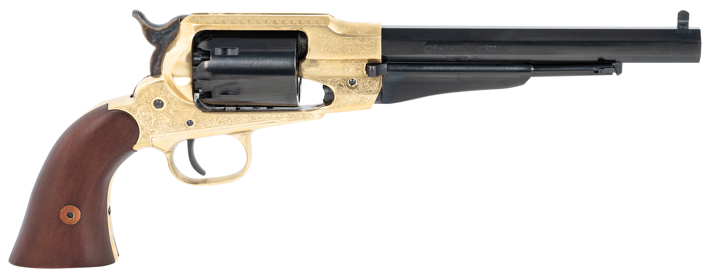 Pietta PF58BRE448 1858 44 Cal 6 Shot 5.50" Blued Barrel & Cylinder Engraved Brass Frame Walnut Grip Brasstrigger Guard & Backstrap