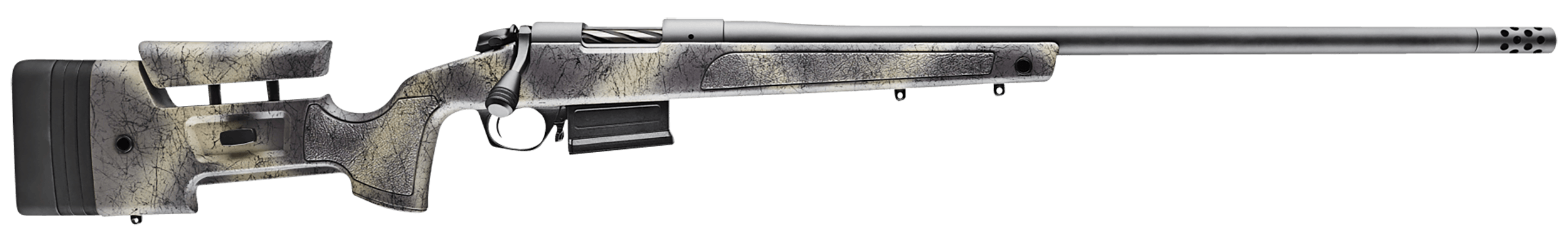 Bergara Rifles B14SM359CF B-14 HMR Carbon Wilderness 6.5 PRC 3+1 24" Threaded Carbon Fiber Wrapped Barrel Sniper Gray Cerakote Rec Adj. SoftTouch Woodland Camo Stock with Mini-Chassis Omni Muzzle Brake