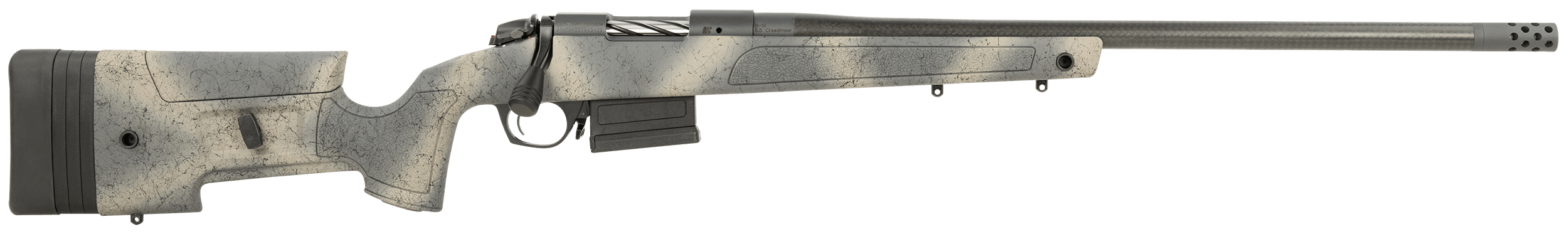 Bergara Rifles B14S382CF B-14 HMR Carbon Wilderness 6.5 Creedmoor 5+1 24" Threaded Carbon Fiber Wrapped Barrel Sniper Gray Cerakote Rec Adj. SoftTouch Woodland Camo Stock with Mini-Chassis Omni Muzzle Brake