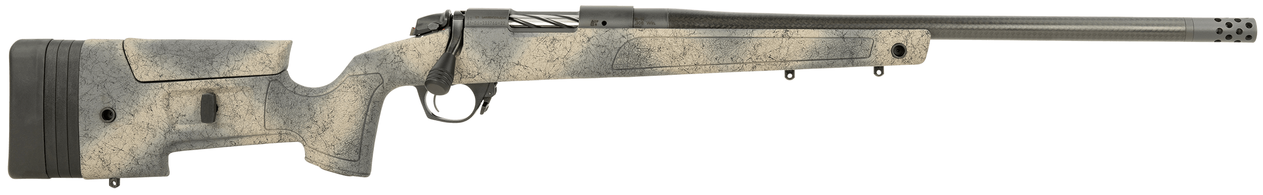 Bergara Rifles B14S371CF B-14 HMR Carbon Wilderness 308 Win 5+1 20" Threaded Carbon Fiber Wrapped Barrel Sniper Gray Cerakote Rec Adj. SoftTouch Woodland Camo Stock with Mini-Chassis Omni Muzzle Brake