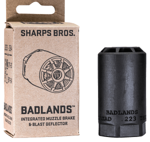 Sharps Bros BAD02 Badlands  Muzzle Brake/Blast Deflector  Heat Treated 17-4 Stainless Steel w/Nitride Finish  5/8"-24 tpi Threads 2.75"L 1.50"D for Multi-Caliber (.223-.354) Full-Auto Rated