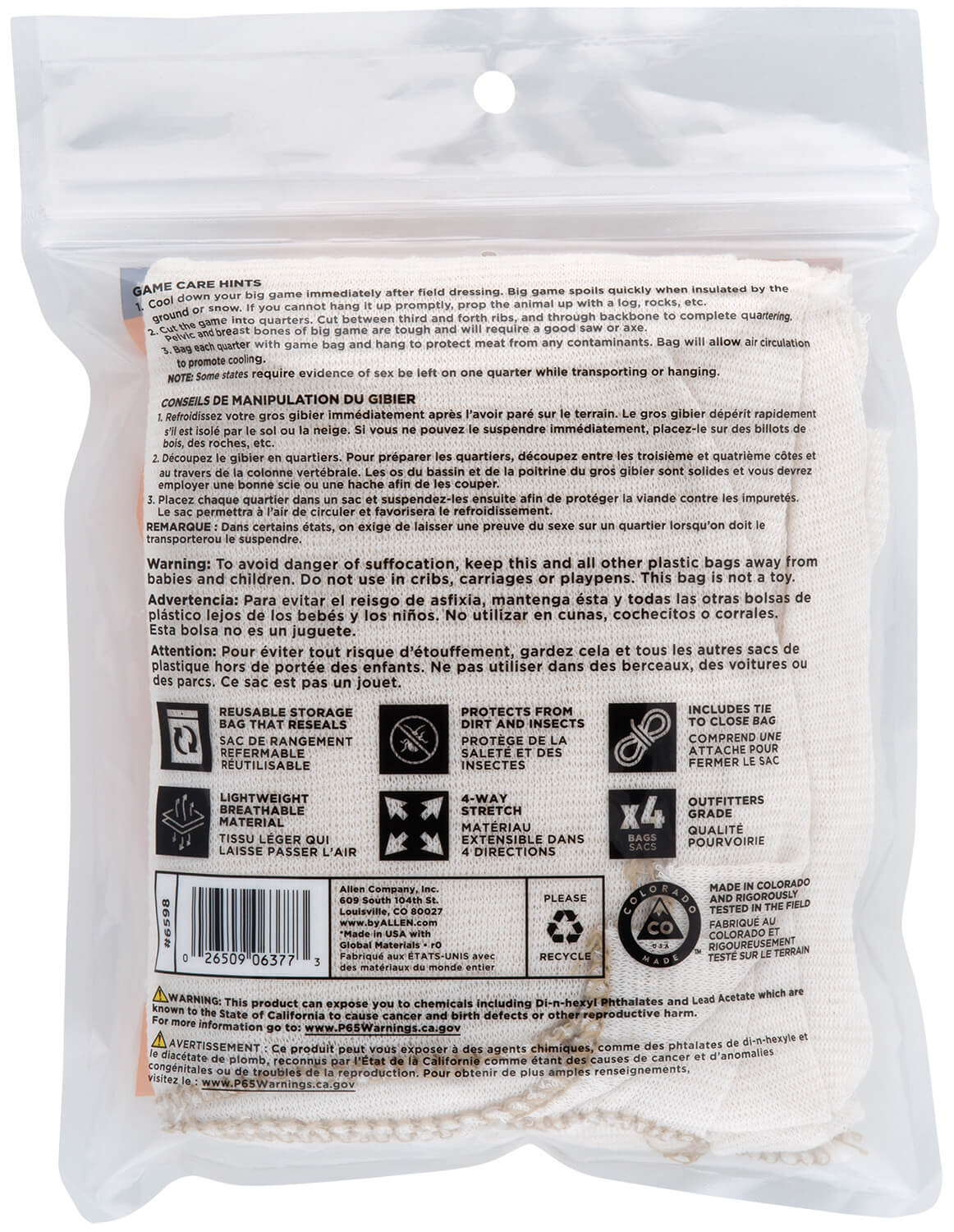 Allen 6598 Colorado Deer Quarter Game Bags Natural Poly Cotton Blend 4 Bags - Image 3