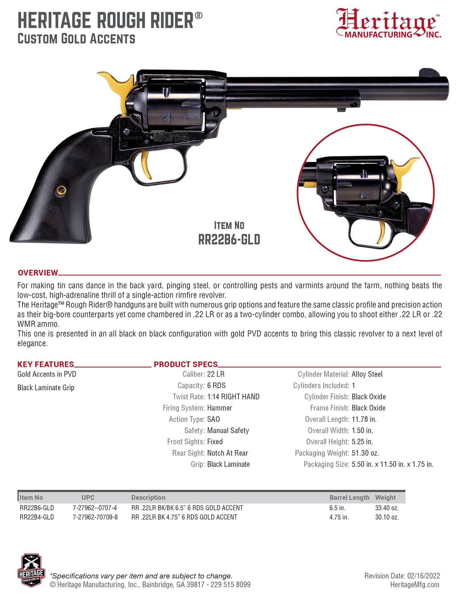 Heritage Mfg RR22B4GLD Rough Rider 22 LR 6 Shot 4.75" Black Oxide Steel Barrel Black Zinc Alloy Frame Black Oxide Cylinder Black Laminate Wood Grip Hammer/Thumb Safety Exposed Hammer Features Gold Accents - Image 2
