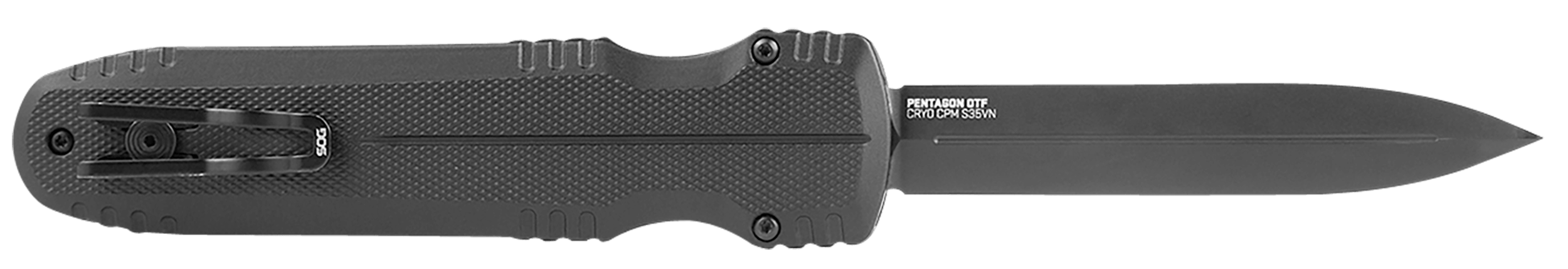 S.O.G SOG15610157 Pentagon 3.79" OTF Spear Point Plain Black TiNi Cryo CPM S35VN Steel Blade Blackout Aluminum Handle