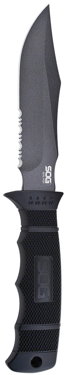 S.O.G SOGM37K Seal Pup 4.75" Fixed Clip Point Part Serrated Powder Coated AUS-8A SS Blade Black w/Raised Diamond Pattern GRN Handle Includes Sheath - Image 2
