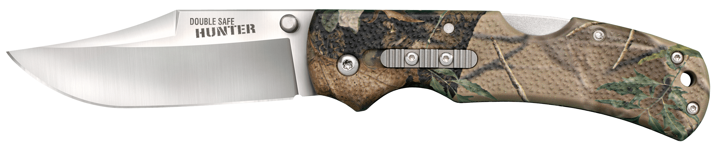 Cold Steel CS23JE Double Safe Hunter 3.50" Folding Clip Point Plain Satin 8Cr13MoV SS Blade/ Camo GFN Handle Includes Pocket Clip