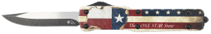 Templar Knife MZTX321 Premium Weighted Slim 3.16" OTF Drop Point Plain Black Oxide Stonewashed Powdered D2 Steel Blade/4.93" Red/White/Blue w/"The LONE STAR State" Aluminum Zinc Alloy Handle
