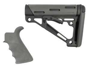 Hogue 15556 OverMolded Collapsible Buttstock made of Synthetic Material with Black Finish  Slate Gray OverMolded Rubber & Includes Slate Gray Rubber Finger Grooved Grip for AR-15  M16 with Mil-Spec Buffer Tube (Tube Not Included)