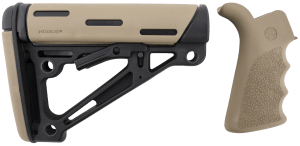 Hogue 15356 OverMolded Collapsible Buttstock made of Synthetic Material with Black Finish Flat Dark Earth OverMolded Rubber & Includes Flat Dark Earth Rubber Finger Grooved Grip for AR-15 M16 with Mil-Spec Buffer Tube (Tube Not Included)