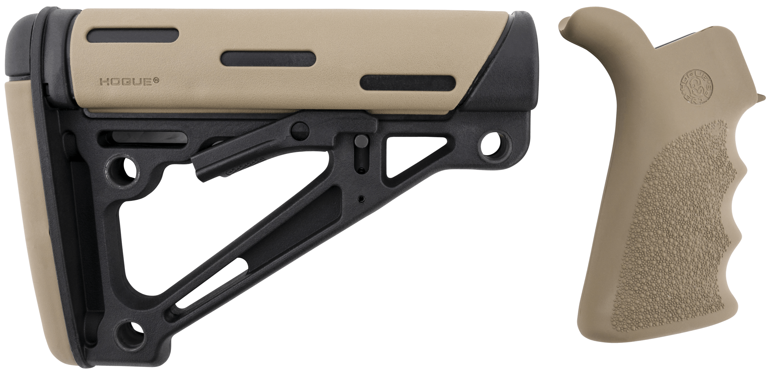 Hogue 15356 OverMolded Collapsible Buttstock made of Synthetic Material with Black Finish Flat Dark Earth OverMolded Rubber & Includes Flat Dark Earth Rubber Finger Grooved Grip for AR-15 M16 with Mil-Spec Buffer Tube (Tube Not Included)