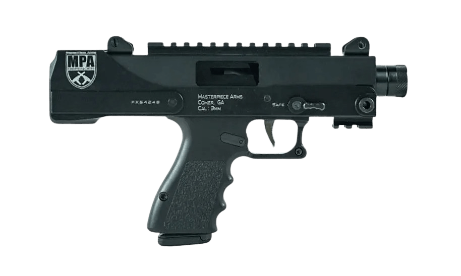 MasterPiece Arms 30DMGBLK Defender Top Cocking TB 9mm Luger 17+1 4.50" Threaded Barrel Overall Black Cerakote Finish Picatinny Accessory Rail Black Aluminum Grip Accepts 17rd & 33rd Glock Magazines Only Includes Polymer Case