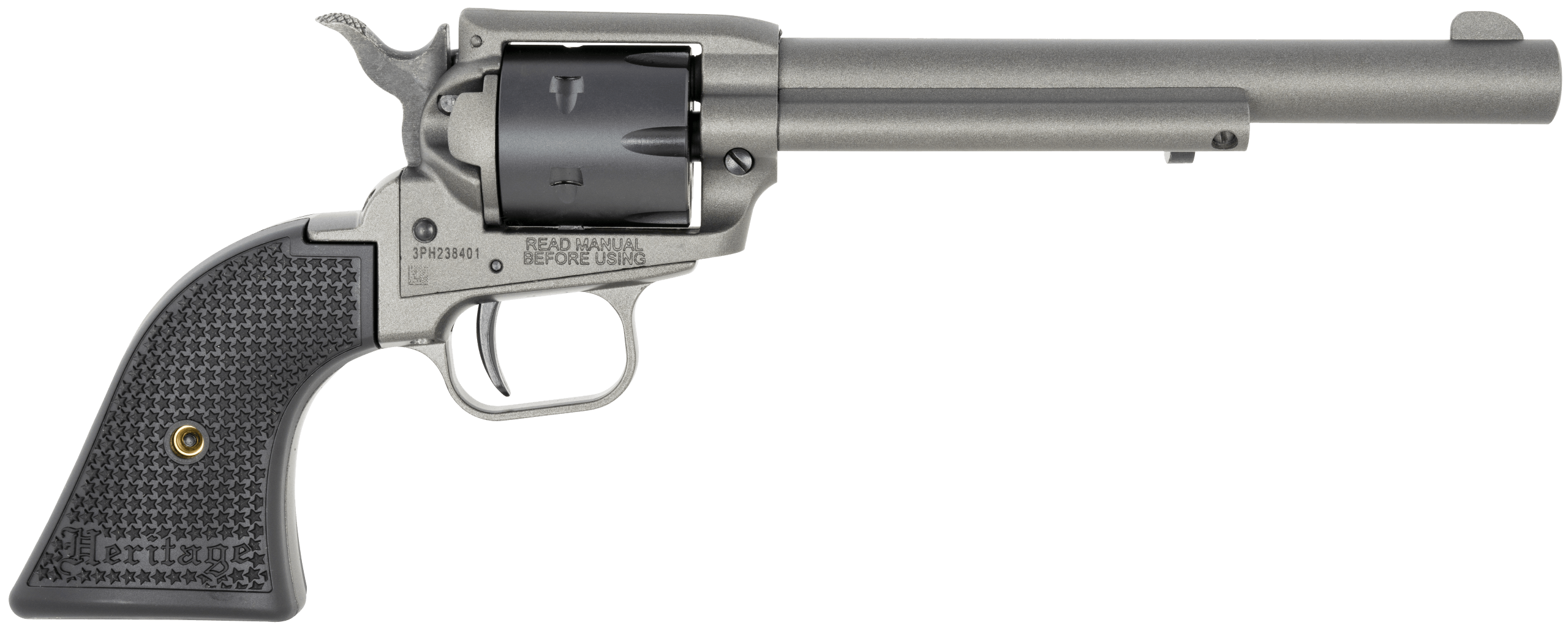 Heritage Mfg RR22C6 Rough Rider 22 LR 6 Shot 6.50" Tungsten Gray Cerakote Steel Barrel Tungsten Gray Cerakote Zinc Alloy Frame Black Satin Cylinder Black Star Polymer Grip Hammer/Thumb Safety Exposed Hammer