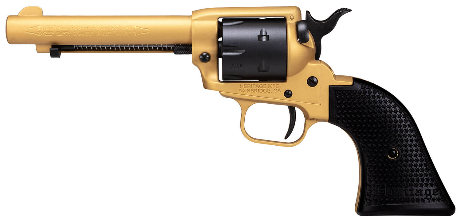 Heritage Mfg RR22S4 Rough Rider 22 LR 6 Shot 4.75" Gold Cerakote Steel Barrel Gold Cerakote Zinc Alloy Frame Black Satin Cylinder Black Polymer Grip Hammer/Thumb Safety Exposed Hammer Features Black Accents - Image 2