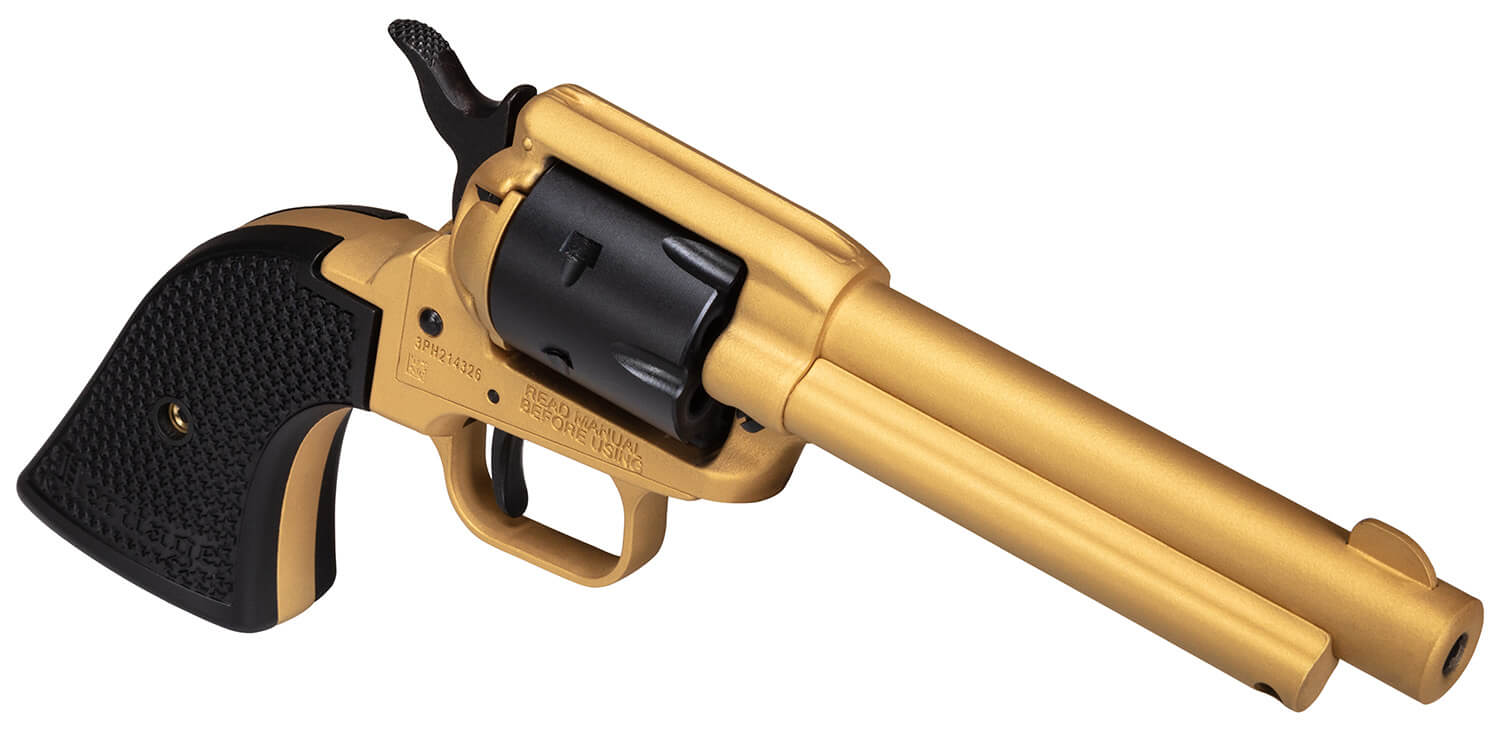 Heritage Mfg RR22S4 Rough Rider 22 LR 6 Shot 4.75" Gold Cerakote Steel Barrel Gold Cerakote Zinc Alloy Frame Black Satin Cylinder Black Polymer Grip Hammer/Thumb Safety Exposed Hammer Features Black Accents - Image 3