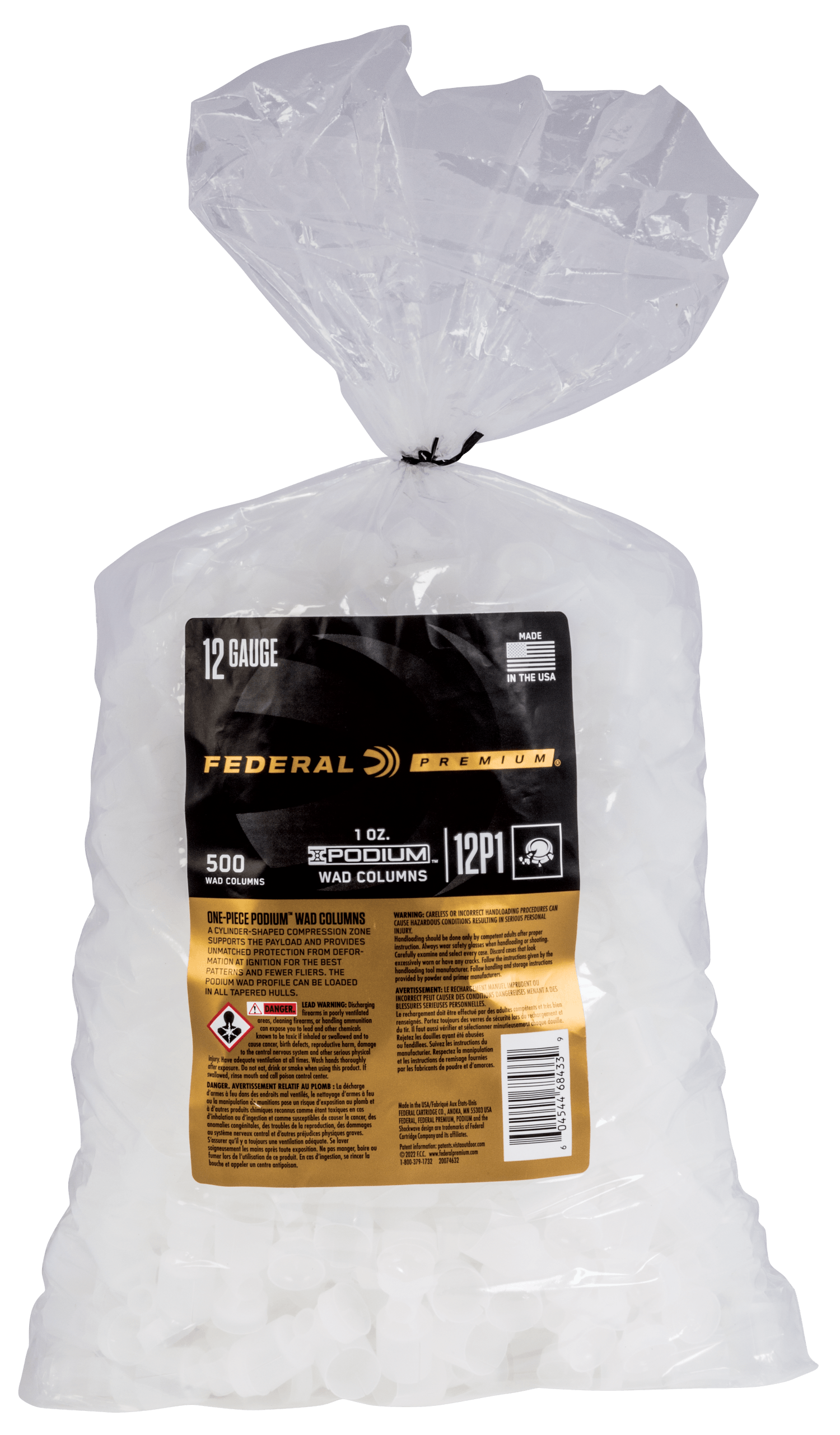 Federal 12P1 Podium Wad Premium 12Gauge 1oz White Plastic 500/10