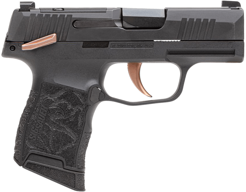 Sig Sauer 365380ROSEMS P365 Rose 380 Cal 10+1 3.10" Black Barrel Black Nitron Optic Ready/Serrated w/"Rose" Engraved Slide Black Steel Frame w/Matte Rose Controls Black Polymer w/Rose Engraved Grips