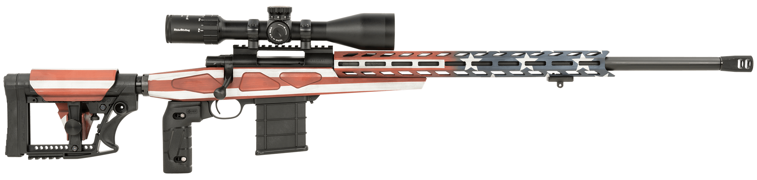 Howa HCRA73107USKMDT M1500 APC Chassis 308 Win 10+1 24" Heavy Barrel American Flag Cerakote Aluminum Receiver Black Synthetic Chassis 6 Position Luth-AR MBA-4 w/Aluminum Chassis Stock Black Polymer Grip Includes Nikko Stirling GamePro 4-16x50mm Scope