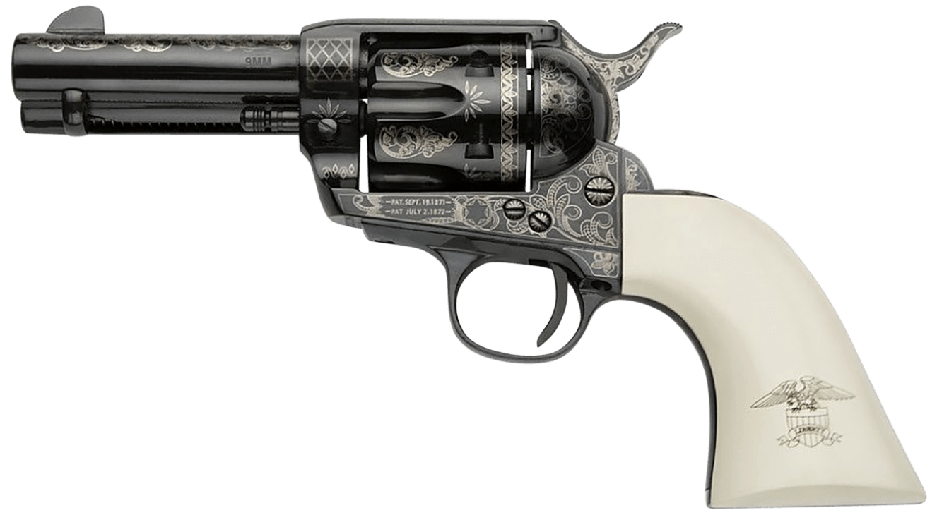 Pietta GW9LLE312NMUI Great Western II Liberty 9mm Luger 6rd 3.50" Blued Engraved Octagon Steel Barrel & Cylinder Blued Engraved Steel Frame Ultra Ivory w/Engraved Liberty Eagle Grip Exposed Hammer