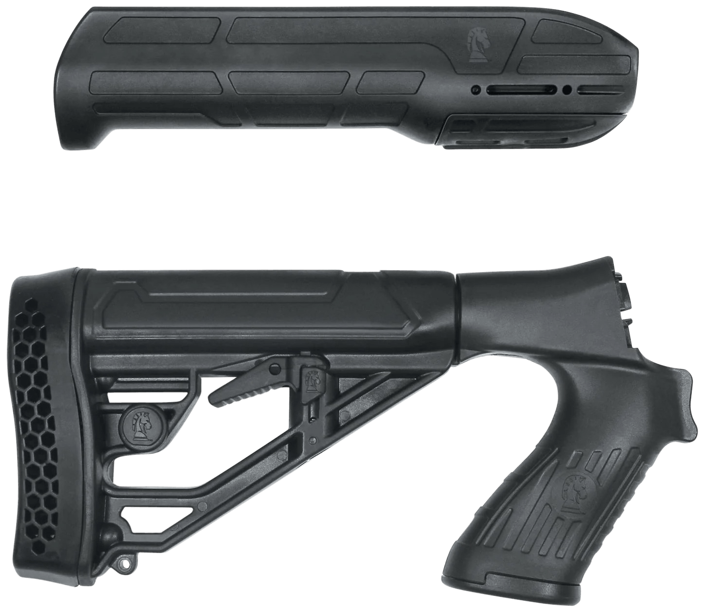 ADAPTIVE TACTICAL AT02006 EX Performance Stock & Forend Black Synthetic Adj. M4 Style Stock with Swivel Stud Vented Rubber Butt Pad 2" Concealed Picatinny Rail on Forend Fits Mossberg 500/590/Maverick 88