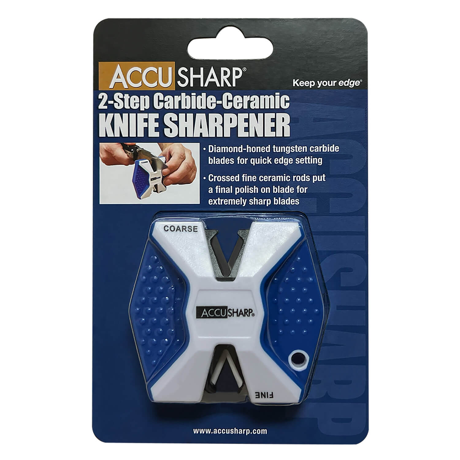 AccuSharp 342C 2-Step Knife Sharpener Hand Held Diamond Tungsten Carbide Sharpener Coarse/Fine Blue/White - Image 3