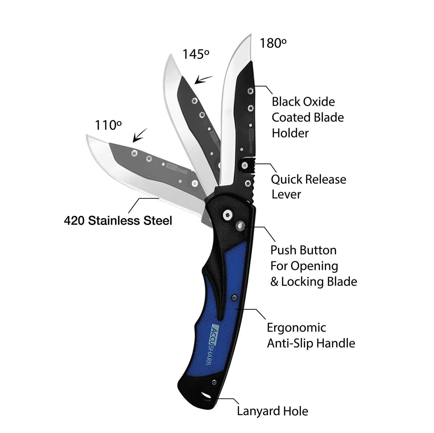 AccuSharp 743C Replaceable Blade Razor 3.50" Folding Plain Stainless Steel Blade/Royal Blue Ergonomic Anti-Slip Anodized Aluminum Handle/Includes 2 Replacement Blades/Belt Clip - Image 2