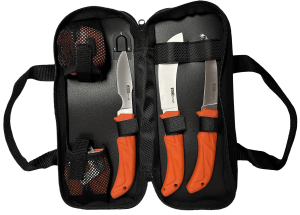 AccuSharp 738C Processing Kit Fixed Butcher/Caping/Gutting Plain Stainless Steel Blades/Blaze Orange Non-Slip Grip 6 Piece Includes Nylon Case