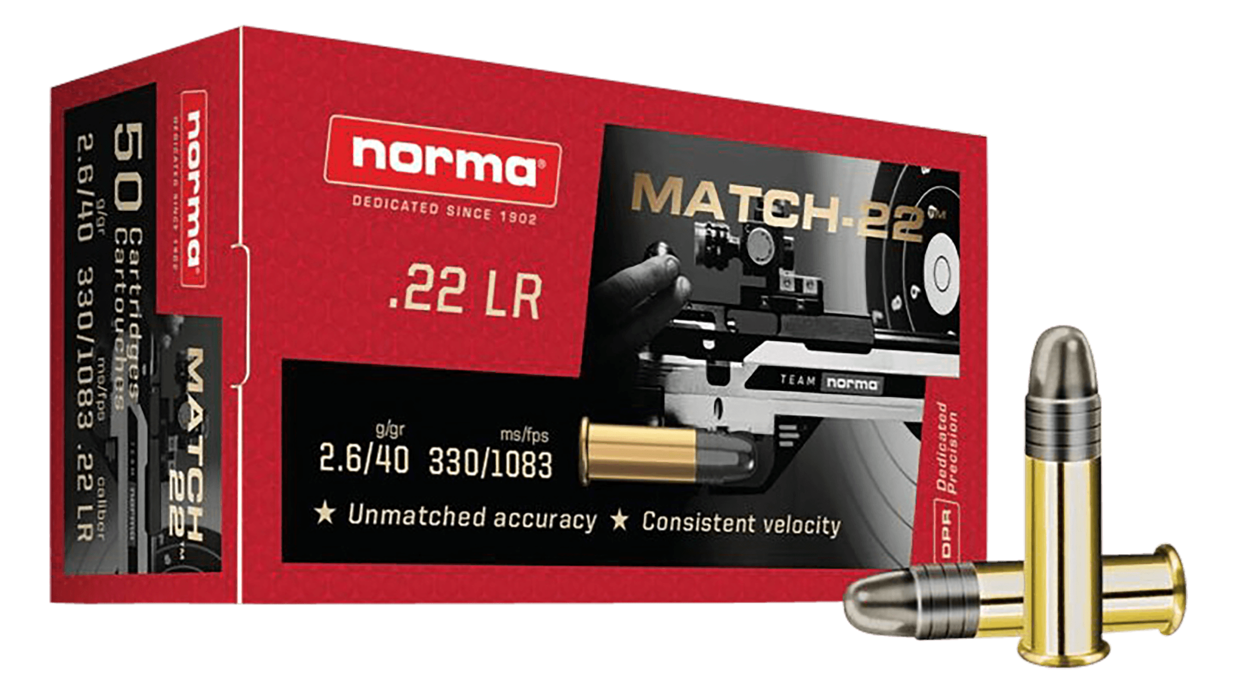 Norma Ammunition 2425076 Dedicated Precision Match 22 LR 40 gr Lead Round Nose 50rd Box