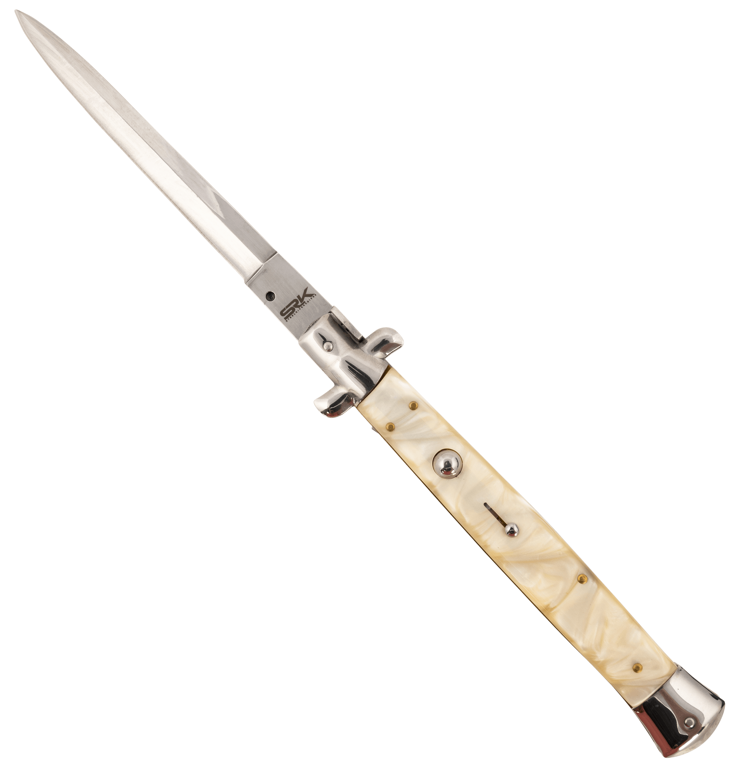 Steel River Knives CIMOPD Italian 6" Automatic Dagger Plain Polished 440C SS Bladem 7" Synthetic Mother Of Pearl Handle