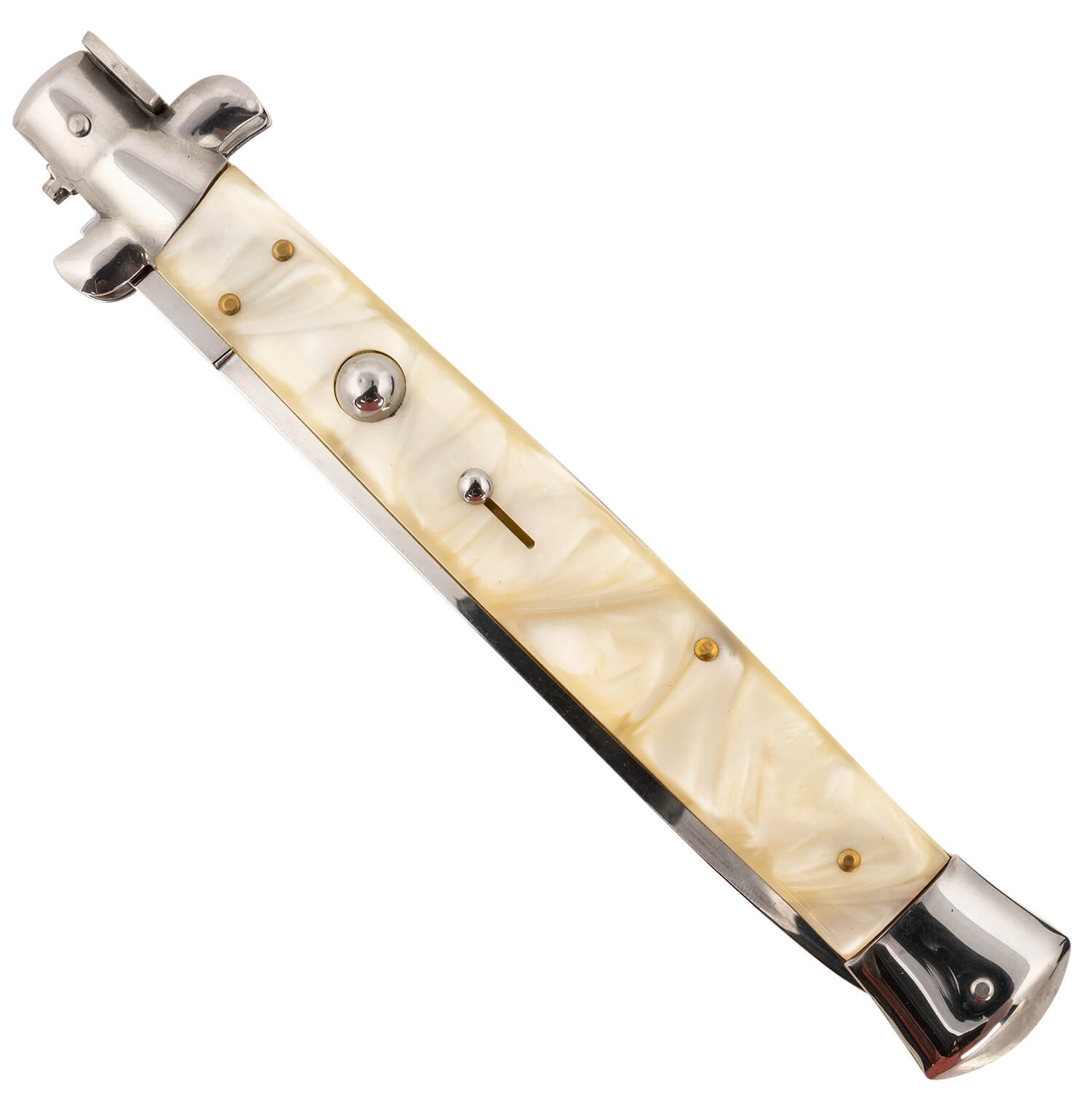Steel River Knives CIMOPD Italian 6" Automatic Dagger Plain Polished 440C SS Bladem 7" Synthetic Mother Of Pearl Handle - Image 2
