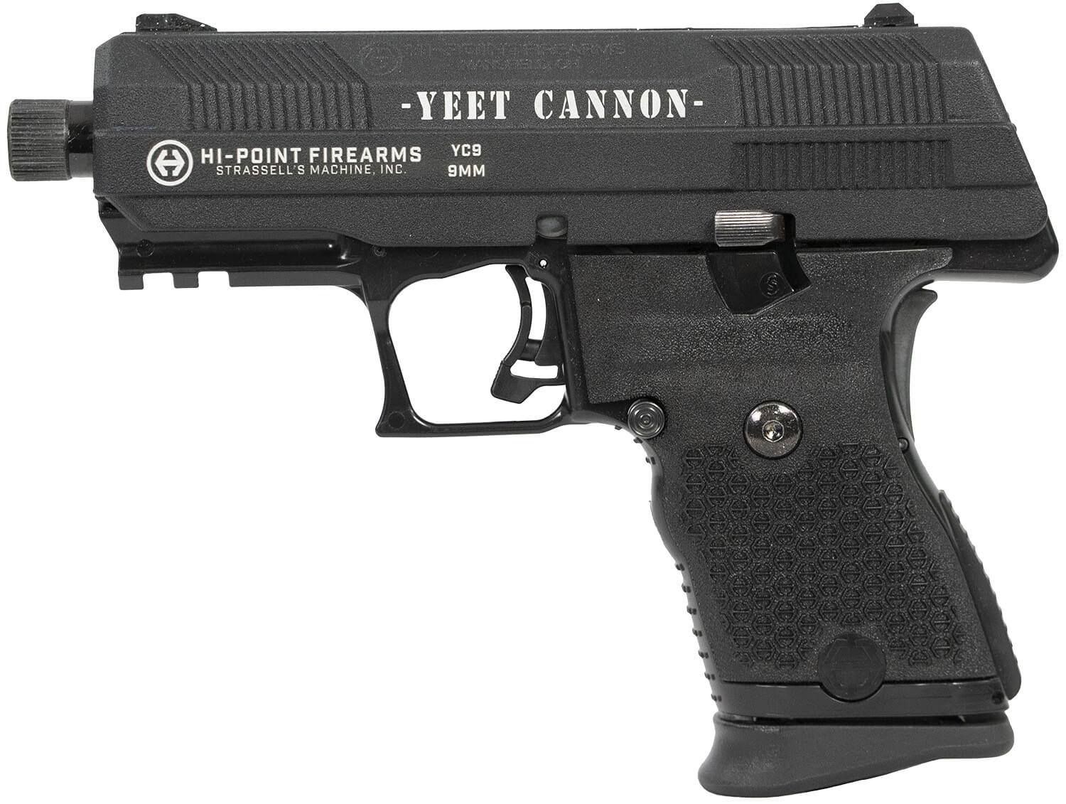 Hi-Point YC9YEET YC9 9mm Luger 10+1 4.12" Black Steel Threaded Barrel Black w/Engraved "Yeet Cannon" YC9 Styled/Serrated Slide Black Polymer Frame w/Picatinny Rail Black Plastic Grips - Image 2