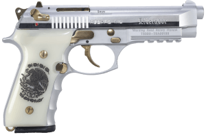 Girsan 391089 Regard Liberador II 9mm Luger 18+1 4.90" Stainless Steel Barrel Polished Stainless Steel Serrated Slide Chrome w/Gold Controls Stainless Steel Frame w/Picatinny Rail & Beavertail Pearl Like w/Mexican Coat Of Arms Grip Ambidextrous