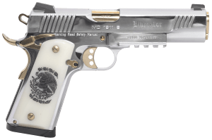 Girsan 391057 Regard Liberador II 45 ACP 8+1 5" Gold Plated PVD Barrel Polished Stainless Steel Serrated Slide Stainless w/Gold Controls Steel Frame w/Picatinny Rail & Beavertail Pearl Like w/Mexican Coat Of Arms Grip Ambidextrous