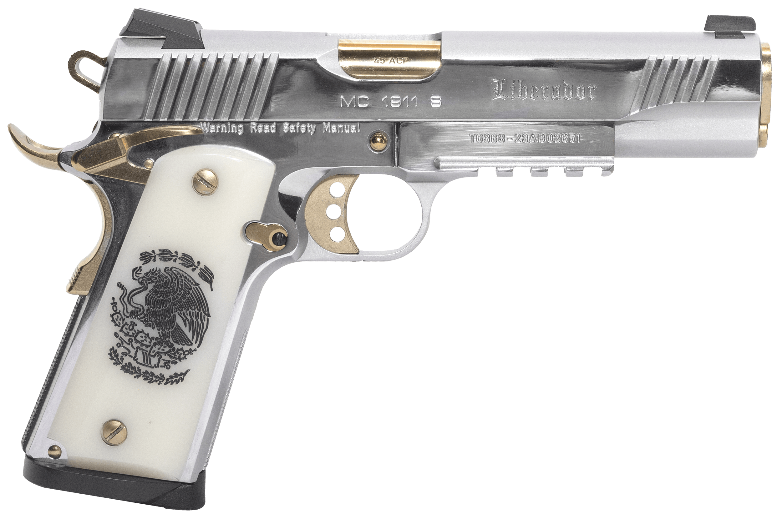 Girsan 391057 Regard Liberador II 45 ACP 8+1 5" Gold Plated PVD Barrel Polished Stainless Steel Serrated Slide Stainless w/Gold Controls Steel Frame w/Picatinny Rail & Beavertail Pearl Like w/Mexican Coat Of Arms Grip Ambidextrous