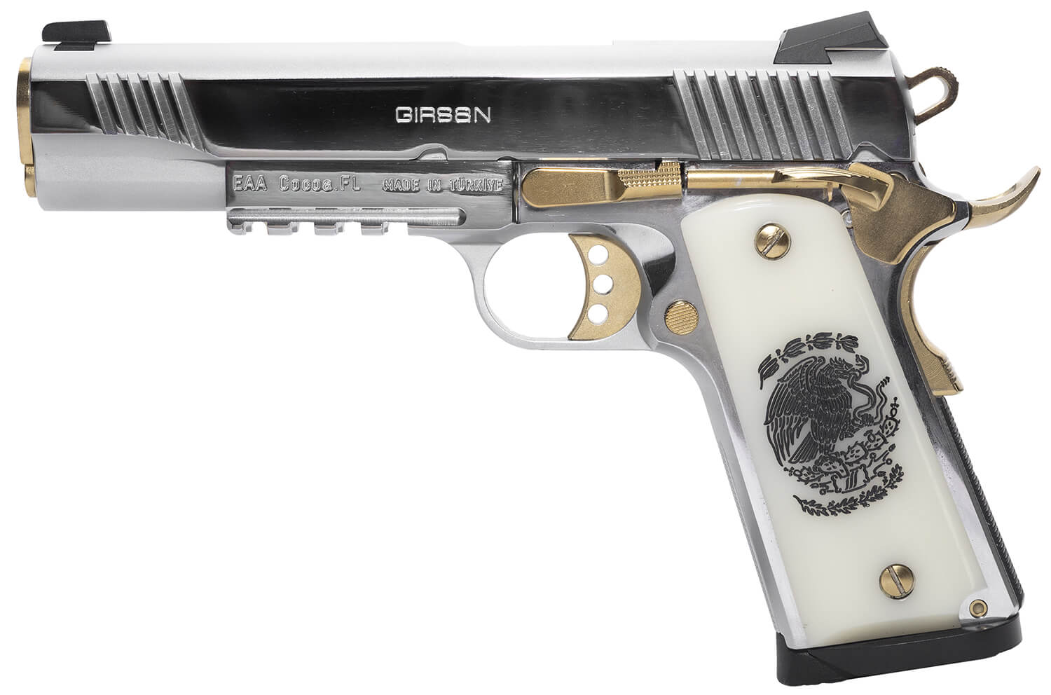 Girsan 391057 Regard Liberador II 45 ACP 8+1 5" Gold Plated PVD Barrel Polished Stainless Steel Serrated Slide Stainless w/Gold Controls Steel Frame w/Picatinny Rail & Beavertail Pearl Like w/Mexican Coat Of Arms Grip Ambidextrous - Image 2