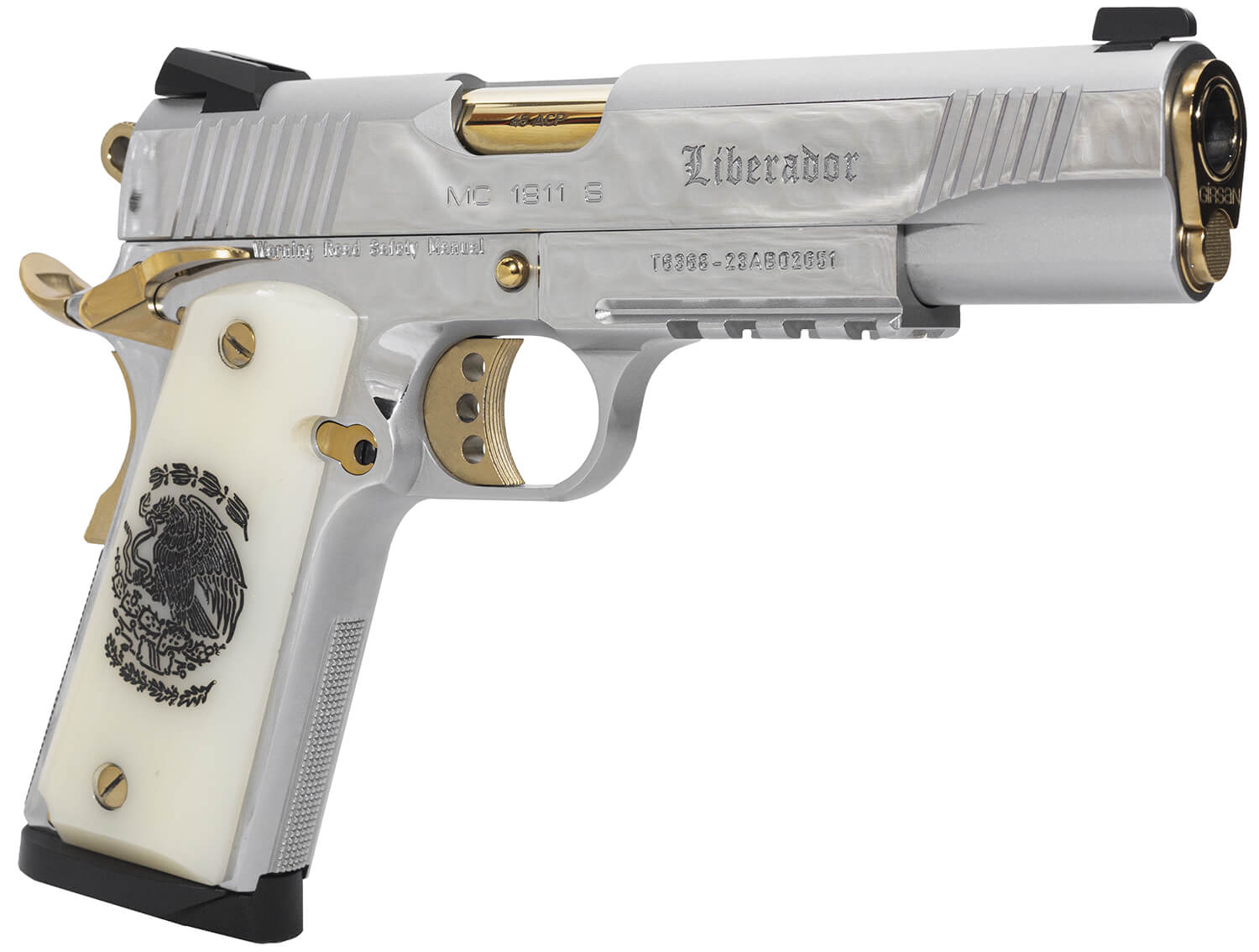 Girsan 391057 Regard Liberador II 45 ACP 8+1 5" Gold Plated PVD Barrel Polished Stainless Steel Serrated Slide Stainless w/Gold Controls Steel Frame w/Picatinny Rail & Beavertail Pearl Like w/Mexican Coat Of Arms Grip Ambidextrous - Image 3