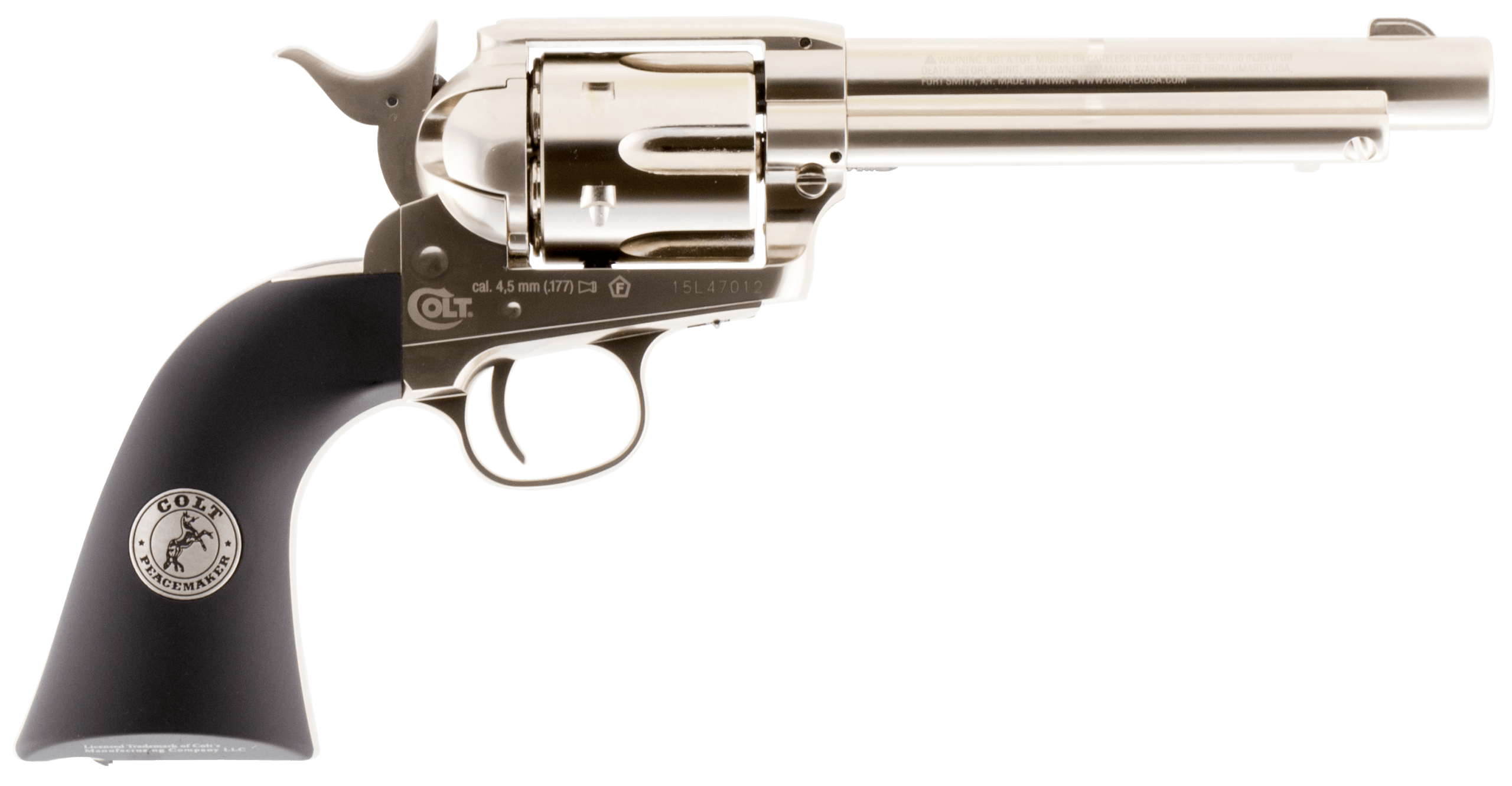Umarex Colt Air Guns 2254051 Colt Peacemaker CO2 Pistol 177 Pellet 6rd Single Action Nickel Frame CO2 Housed In Black Polymer Grip
